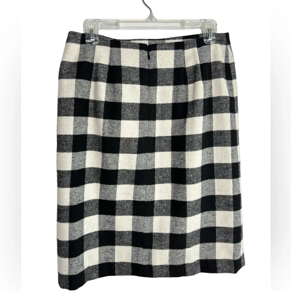 Talbots Size 6 Buffalo Plaid Faux Wrap Skirt Wool Blend Fringe Black White EUC